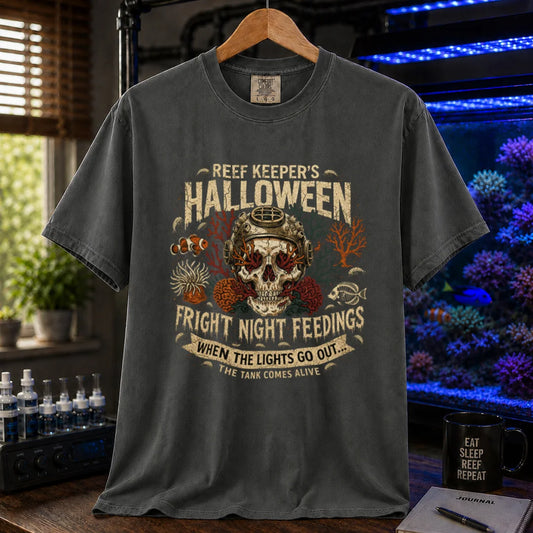 Saltwater aquarium graphic t-shirt design featuring distressed vintage typography reading Reef Keeper's Halloween Fright Night Feedings with a vintage diving helmet skull, amphipods, and a banner reading When The Lights Go Out... The Tank Comes Alive, dark grey crew neck tee