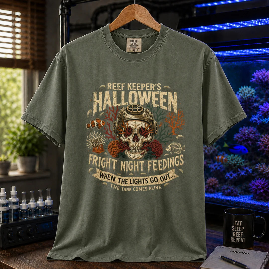 Saltwater aquarium graphic t-shirt design featuring distressed vintage typography reading Reef Keeper's Halloween Fright Night Feedings with a vintage diving helmet skull, amphipods, and a banner reading When The Lights Go Out... The Tank Comes Alive, military green crew neck tee