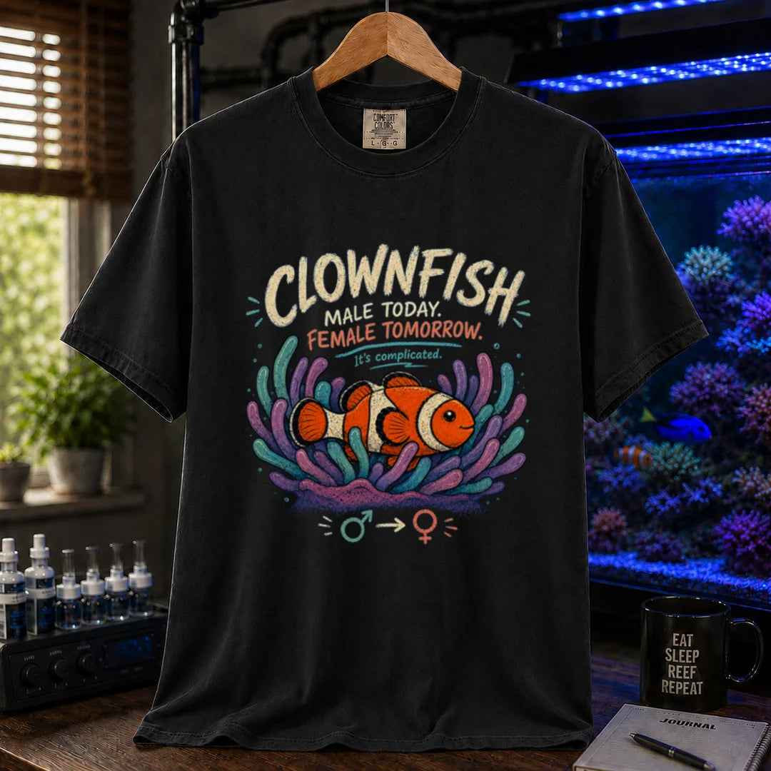 Saltwater aquarium graphic t-shirt design featuring distressed vintage typography reading Clownfish Male Today. Female Tomorrow. It's complicated with a clownfish in an anemone and gender symbols on a black t-shirt
