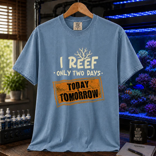 Saltwater aquarium graphic t-shirt design featuring distressed typography reading I Reef Only Two Days. Today & Tomorrow with a coral accent on a BLUE tee