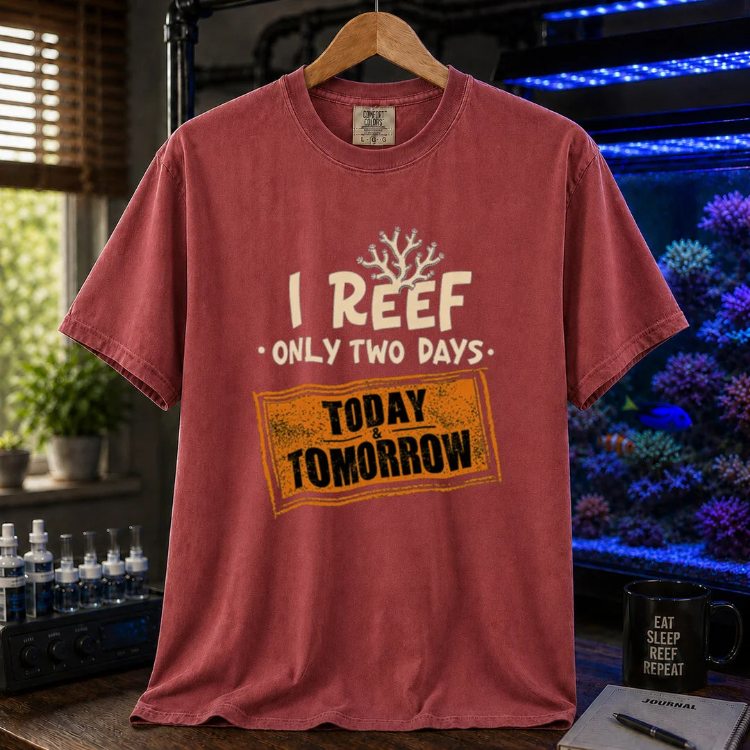 Saltwater aquarium graphic t-shirt design featuring distressed typography reading I Reef Only Two Days. Today & Tomorrow with a coral accent on a maroon, red tee