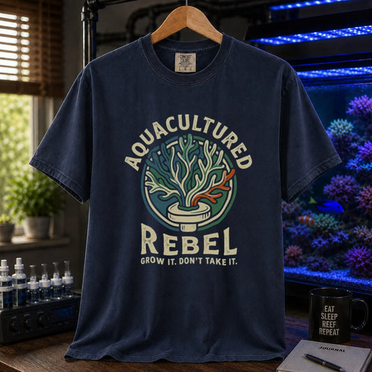 Saltwater aquarium graphic t-shirt design featuring a vintage badge reading Aquacultured Rebel Grow It. Don't Take It. with a coral frag plug illustration on a navy tee