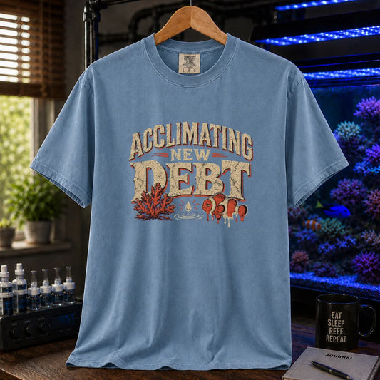Saltwater aquarium graphic t-shirt design featuring distressed typography reading Acclimating New Debt with coral, water droplet, and clownfish illustrations on a blue tee