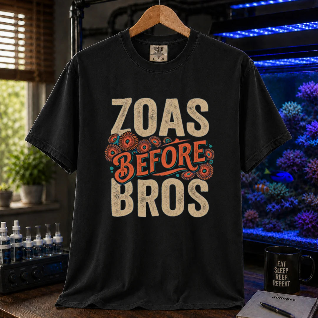 Saltwater aquarium graphic t-shirt design featuring distressed typography reading Zoas Before Bros with colorful zoanthid polyp illustrations on a BLACK tee