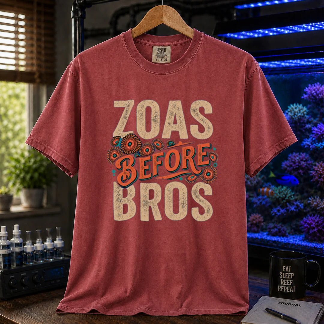 Saltwater aquarium graphic t-shirt design featuring distressed typography reading Zoas Before Bros with colorful zoanthid polyp illustrations on a maroon, red tee
