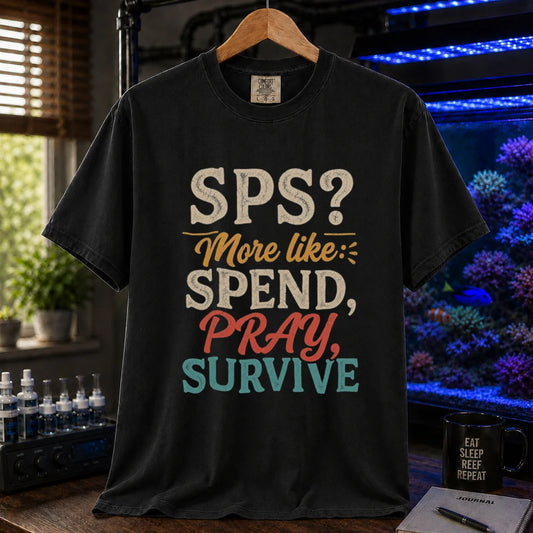 Saltwater aquarium graphic t-shirt featuring distressed vintage typography reading SPS? More Like: Spend, Pray, Survive printed on a black tee displayed in a reef room setting