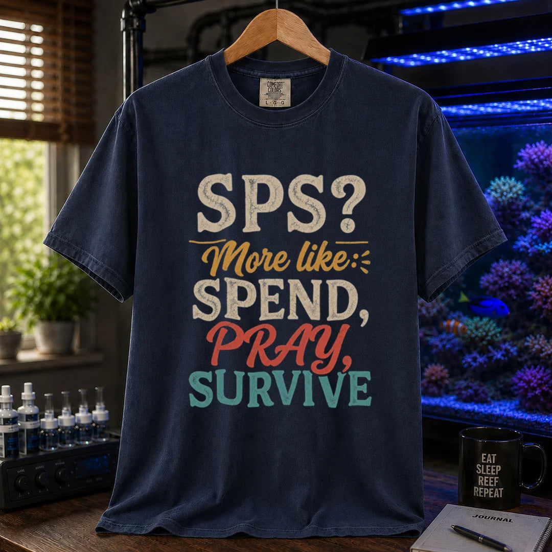 Saltwater aquarium graphic t-shirt featuring distressed vintage typography reading SPS? More Like: Spend, Pray, Survive printed on a navy tee displayed in a reef room setting
