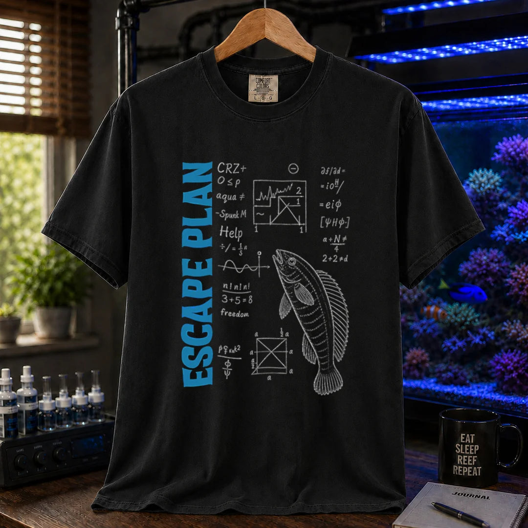 Saltwater aquarium graphic t-shirt featuring blue text reading Escape Plan next to chalkboard math formulas, geometry diagrams, and a fish illustration on a black shirt