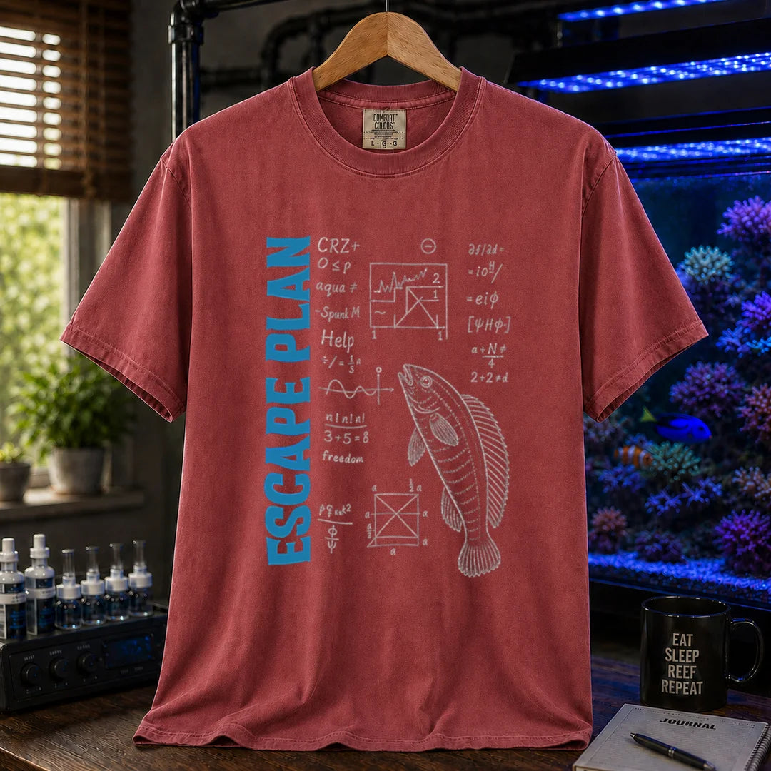 Saltwater aquarium graphic t-shirt featuring blue text reading Escape Plan next to chalkboard math formulas, geometry diagrams, and a fish illustration on a maroon, red shirt
