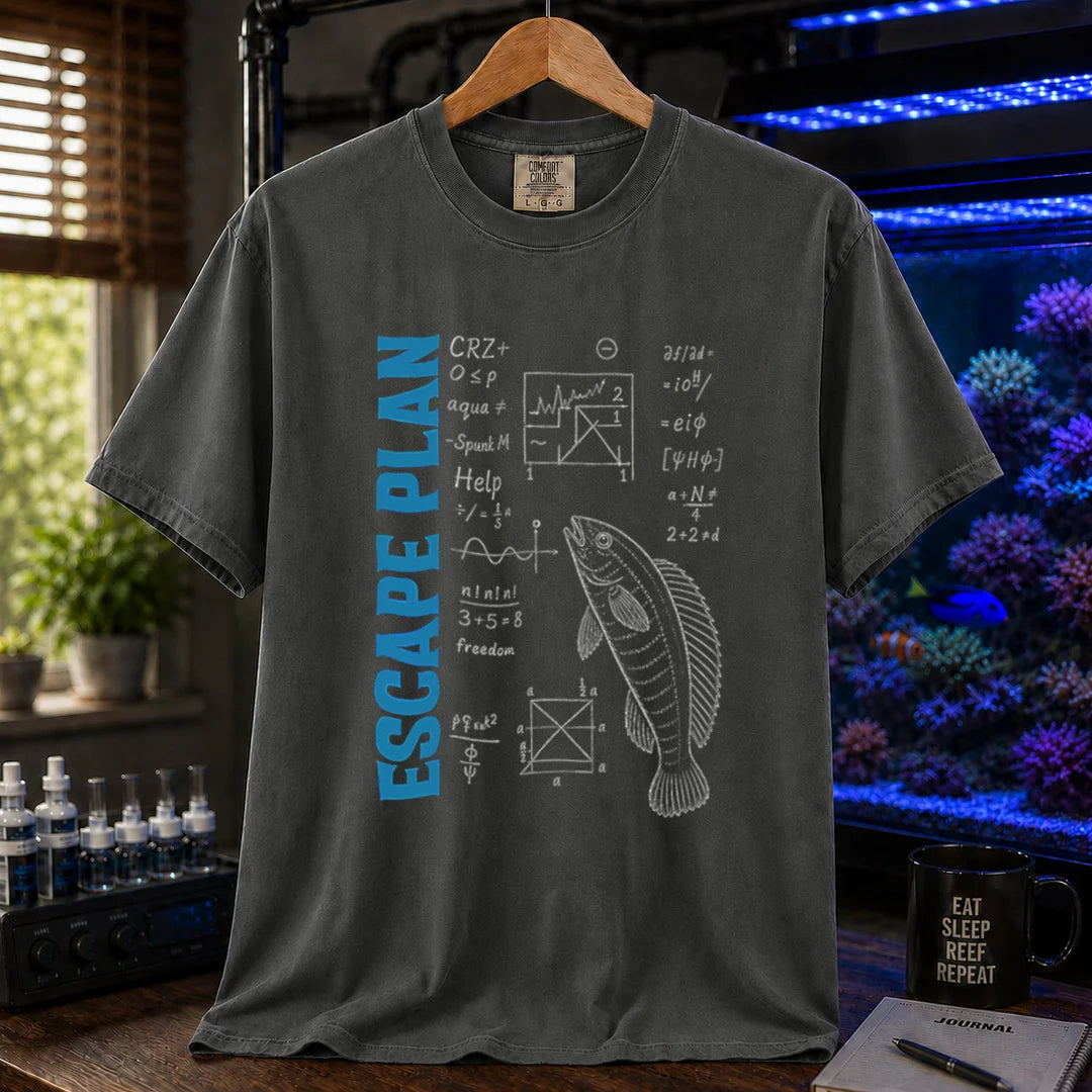 Saltwater aquarium graphic t-shirt featuring blue text reading Escape Plan next to chalkboard math formulas, geometry diagrams, and a fish illustration on a dark grey shirt