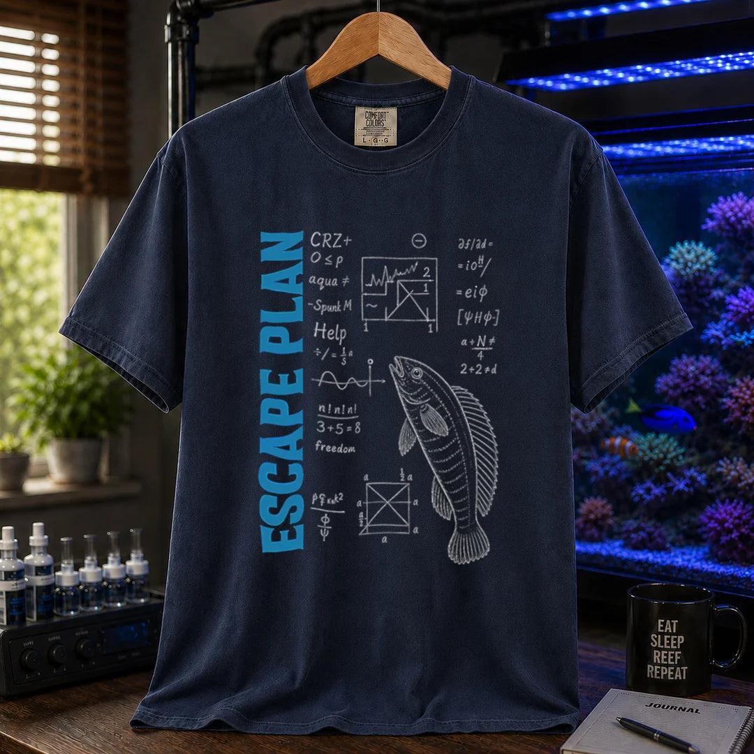 Saltwater aquarium graphic t-shirt featuring blue text reading Escape Plan next to chalkboard math formulas, geometry diagrams, and a fish illustration on a navy shirt