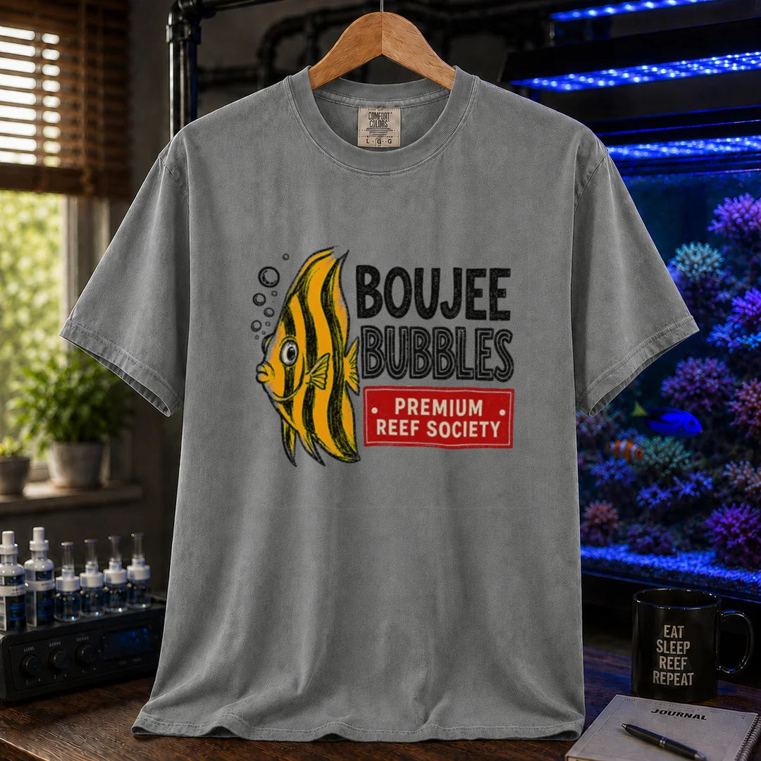 Saltwater aquarium graphic t-shirt featuring an illustration of a yellow striped fish blowing bubbles next to text reading Boujee Bubbles Premium Reef Society on a grey shirt