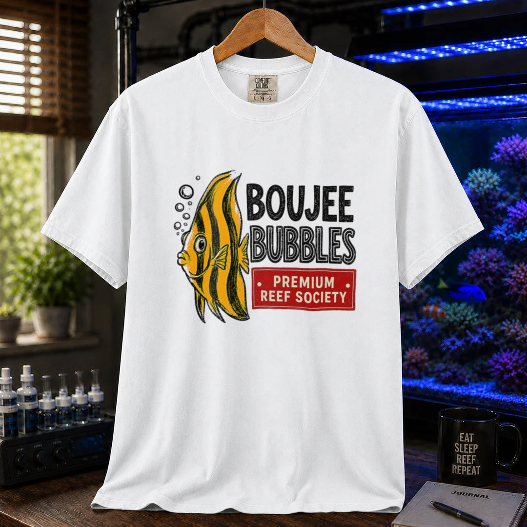 Saltwater aquarium graphic t-shirt featuring an illustration of a yellow striped fish blowing bubbles next to text reading Boujee Bubbles Premium Reef Society on a white shirt