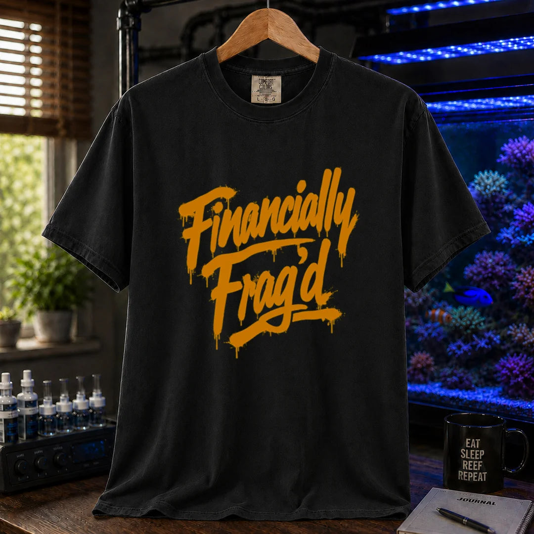 Saltwater aquarium graphic t-shirt featuring vibrant yellow graffiti-style spray paint lettering reading Financially Frag'd on a black shirt