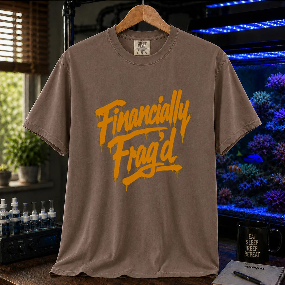 Saltwater aquarium graphic t-shirt featuring vibrant yellow graffiti-style spray paint lettering reading Financially Frag'd on a brown shirt