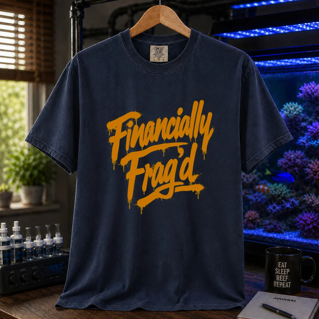 Saltwater aquarium graphic t-shirt featuring vibrant yellow graffiti-style spray paint lettering reading Financially Frag'd on a navy shirt