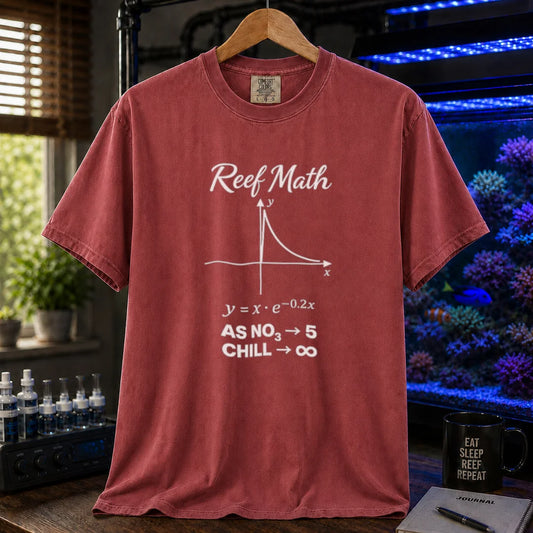 Saltwater aquarium graphic t-shirt featuring text reading Reef Math, a math graph, an equation, and limit notation for nitrate and chill on a maroon, red shirt