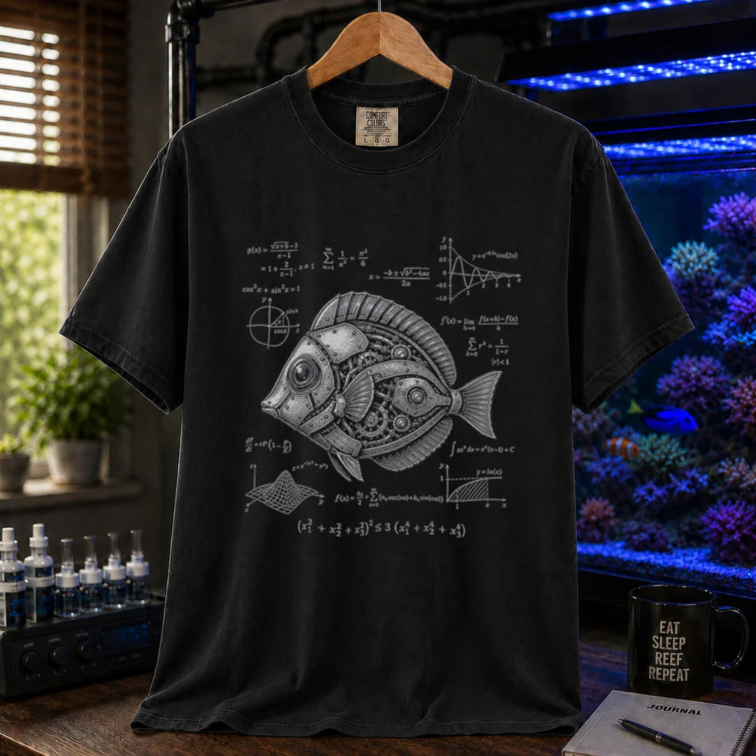 Saltwater aquarium graphic t-shirt featuring a detailed steampunk robotic fish illustration surrounded by math equations and formulas on a black shirt