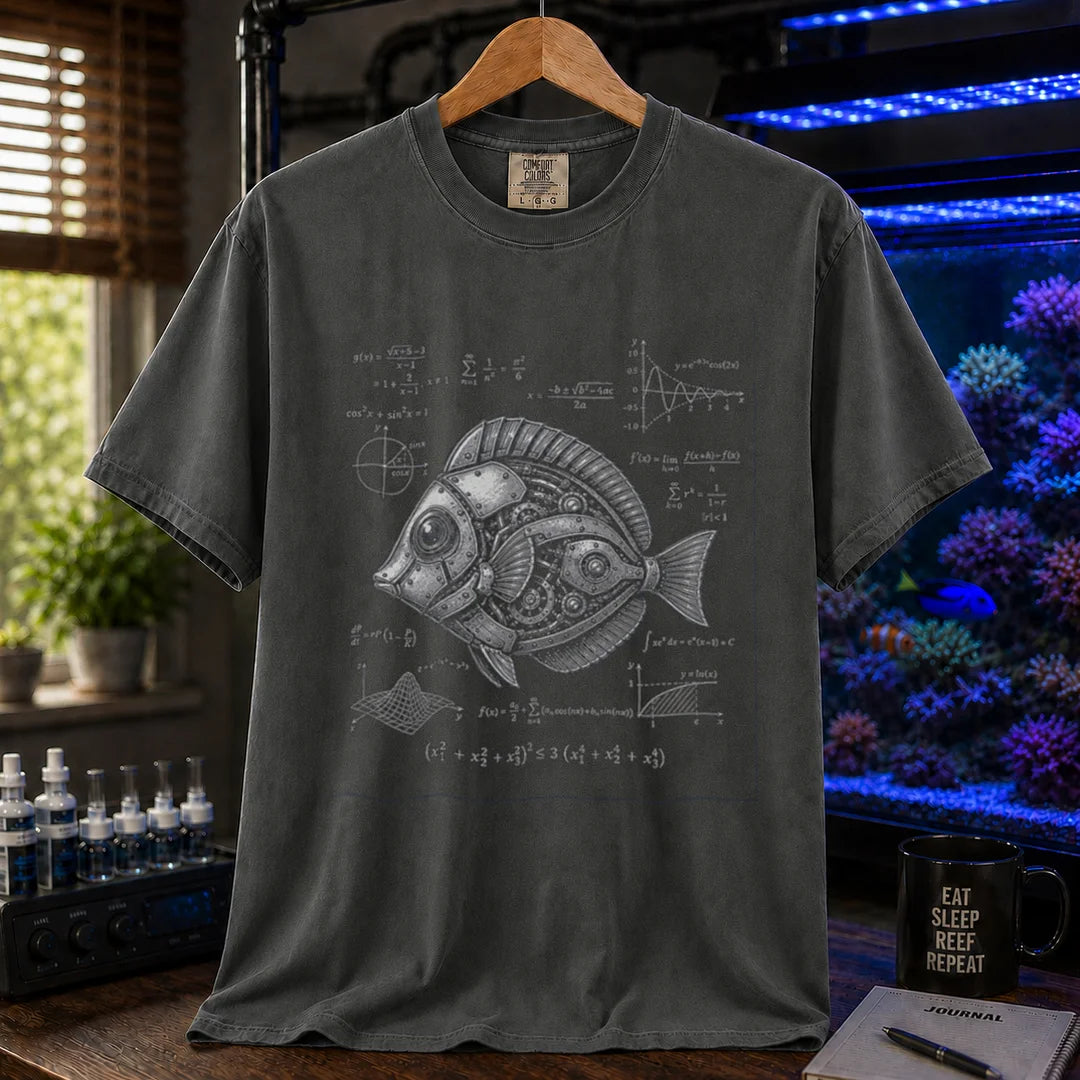 Saltwater aquarium graphic t-shirt featuring a detailed steampunk robotic fish illustration surrounded by math equations and formulas on a dark grey shirt