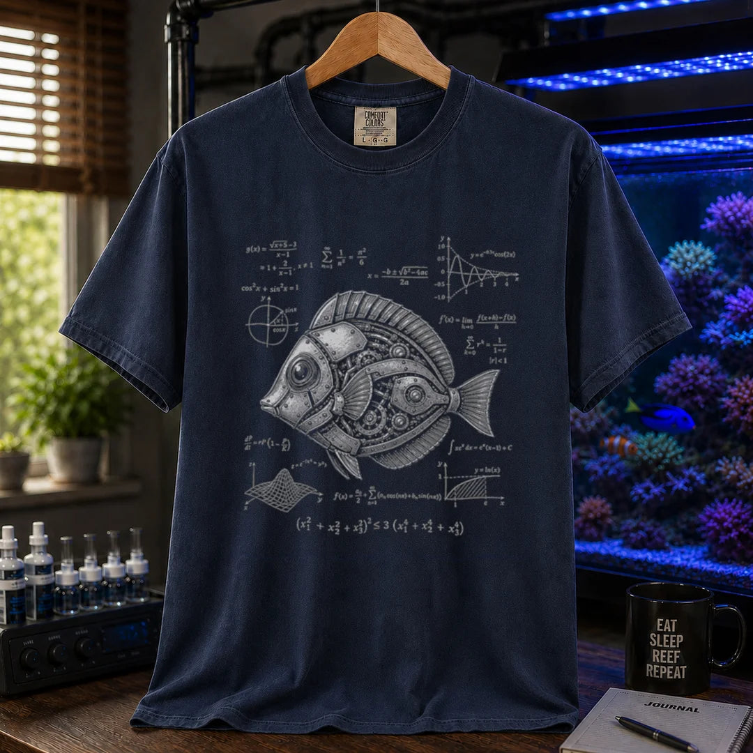 Saltwater aquarium graphic t-shirt featuring a detailed steampunk robotic fish illustration surrounded by math equations and formulas on a navy shirt