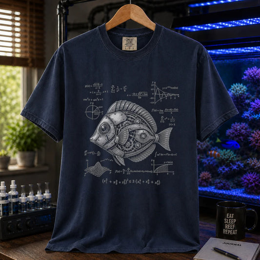 Saltwater aquarium graphic t-shirt featuring a detailed steampunk robotic fish illustration surrounded by math equations and formulas on a navy shirt