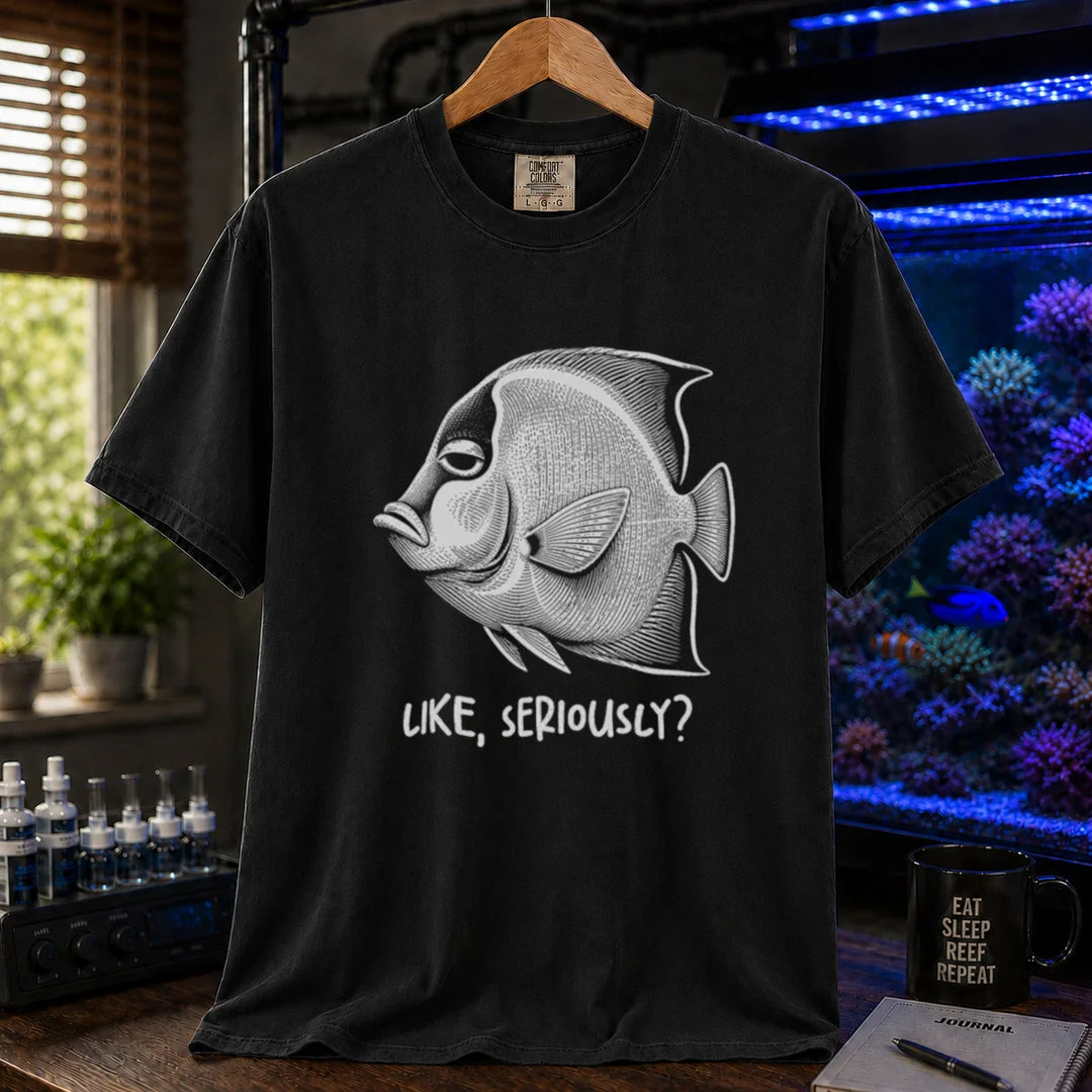 Saltwater aquarium graphic t-shirt featuring a detailed engraving of an unimpressed fish with text reading Like, Seriously? on a black shirt