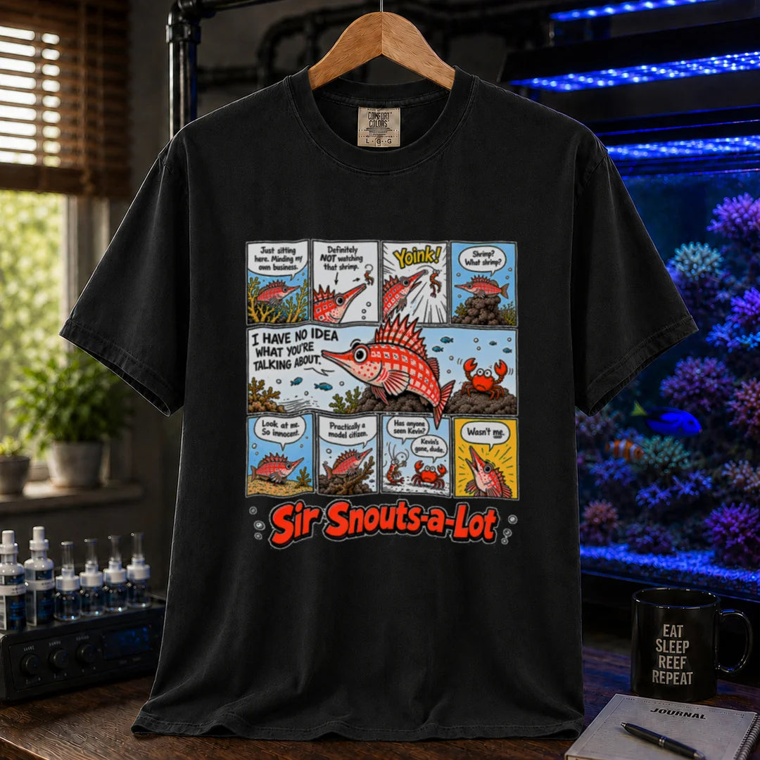 Saltwater aquarium graphic t-shirt featuring a multi-panel comic strip of a longnose hawkfish eating a shrimp with text reading Sir Snouts-a-Lot on a black shirt