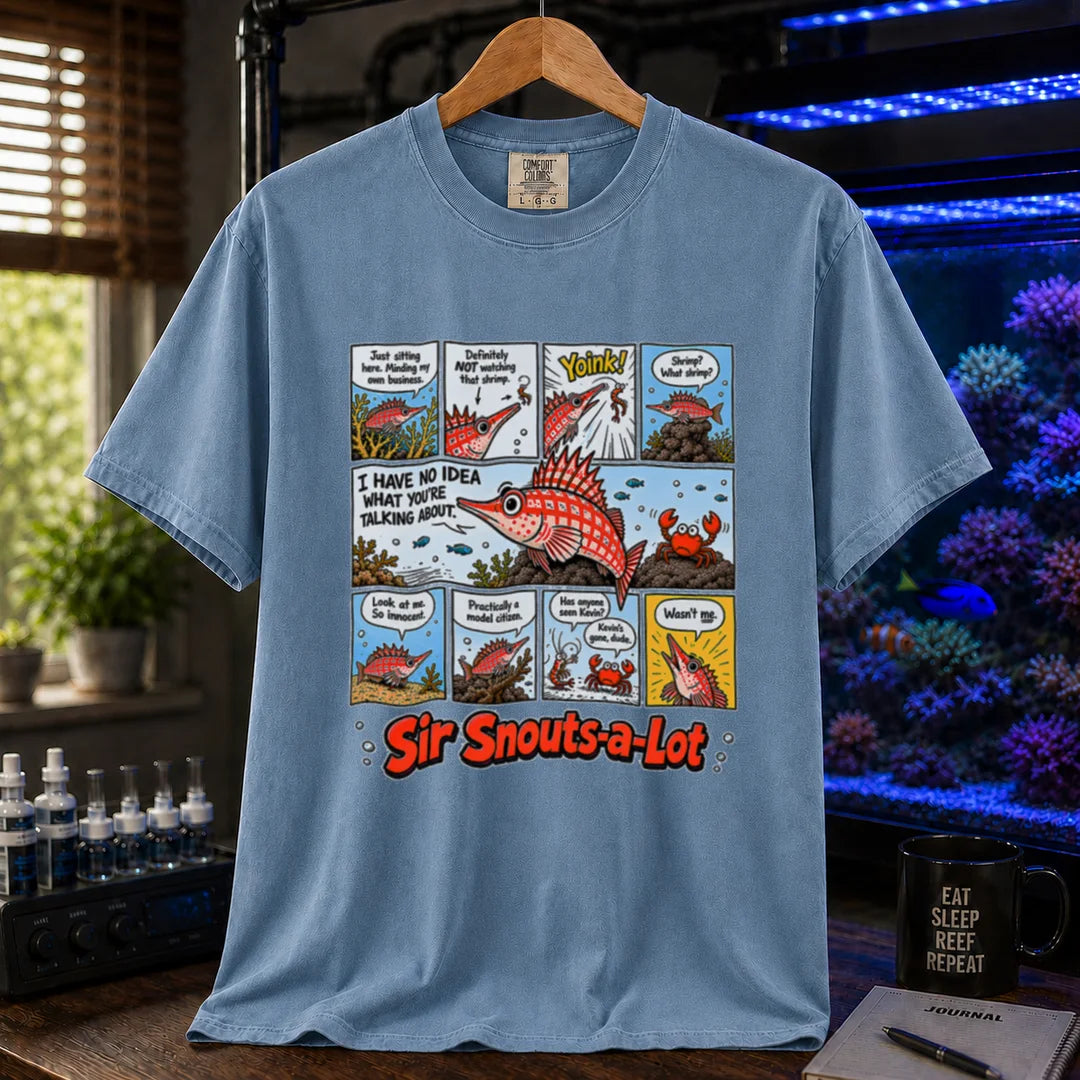 Saltwater aquarium graphic t-shirt featuring a multi-panel comic strip of a longnose hawkfish eating a shrimp with text reading Sir Snouts-a-Lot on a blue shirt