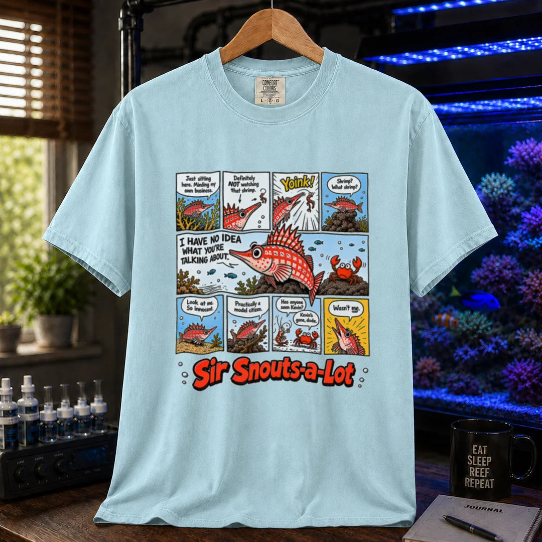 Saltwater aquarium graphic t-shirt featuring a multi-panel comic strip of a longnose hawkfish eating a shrimp with text reading Sir Snouts-a-Lot on a light blue shirt