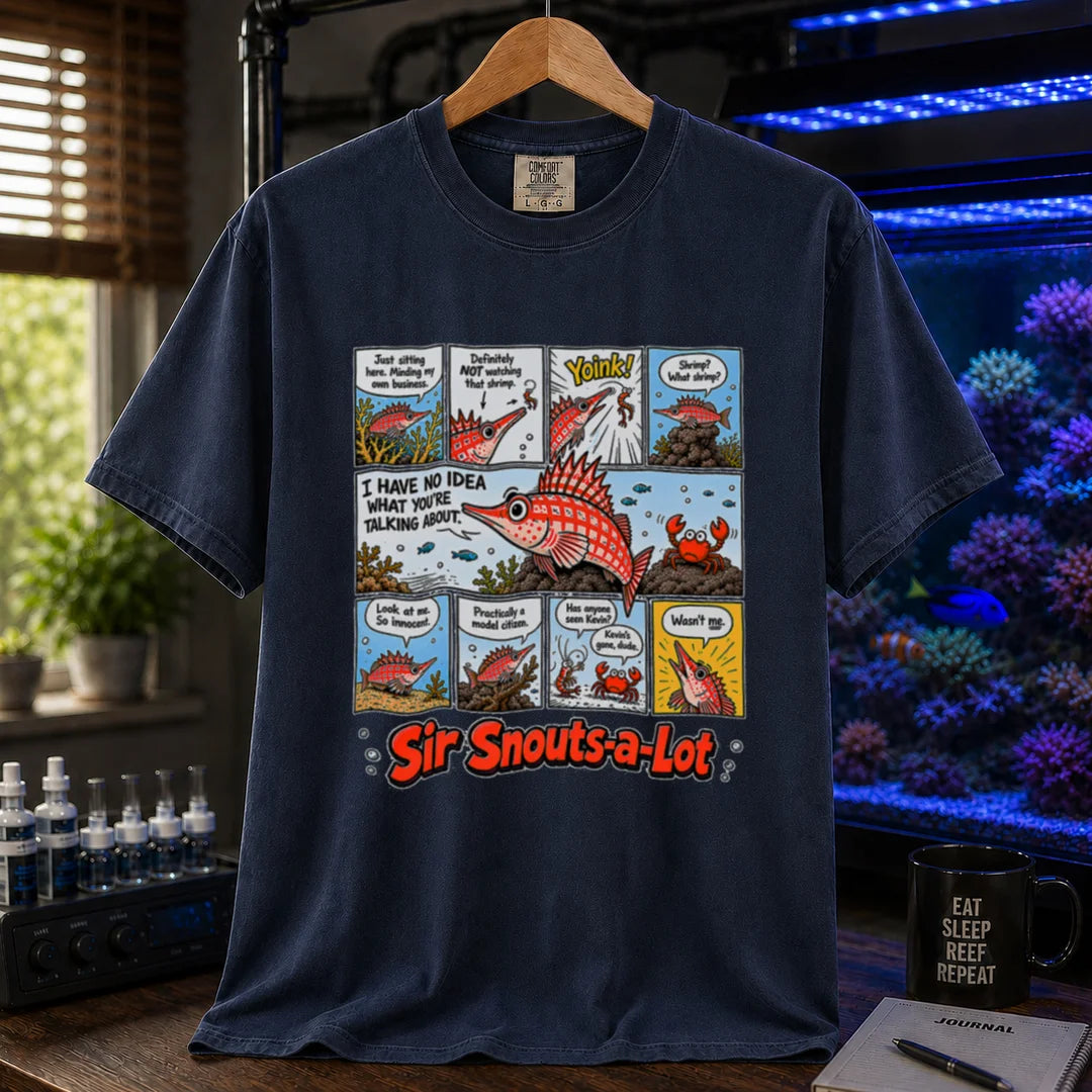 Saltwater aquarium graphic t-shirt featuring a multi-panel comic strip of a longnose hawkfish eating a shrimp with text reading Sir Snouts-a-Lot on a navy shirt