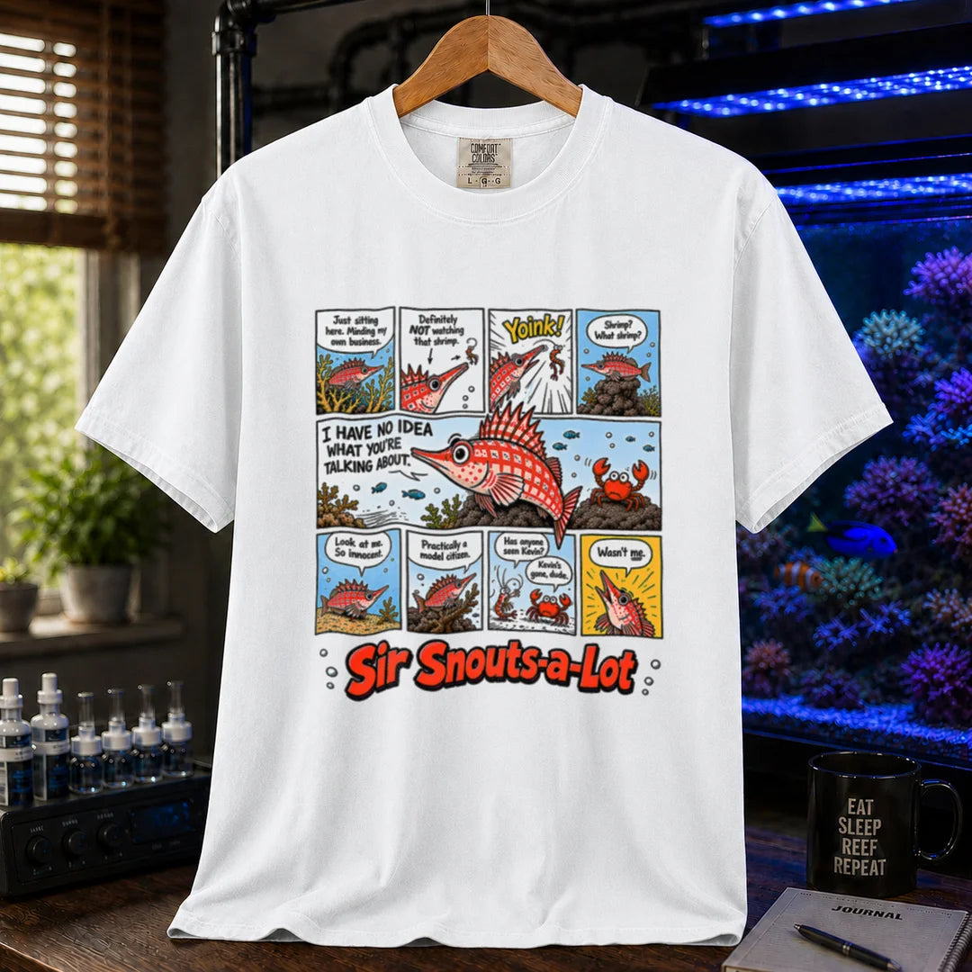 Saltwater aquarium graphic t-shirt featuring a multi-panel comic strip of a longnose hawkfish eating a shrimp with text reading Sir Snouts-a-Lot on a white shirt