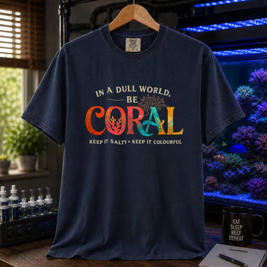 Saltwater aquarium graphic t-shirt featuring text reading In A Dull World Be Coral with colorful watercolor letters and coral graphics on a navy shirt