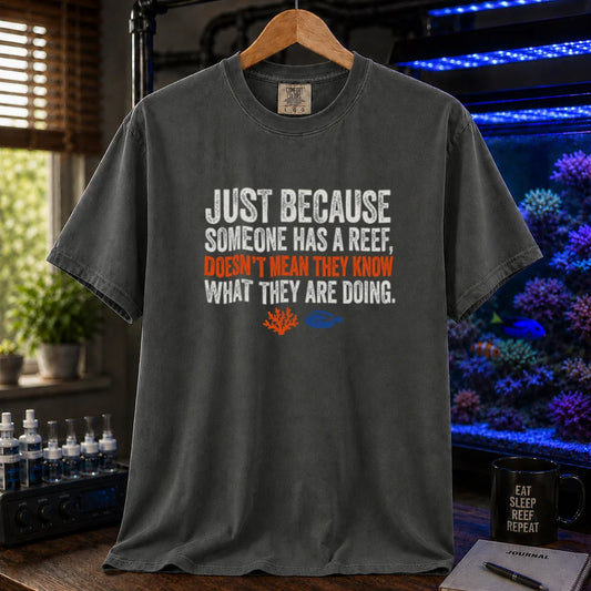 Saltwater aquarium graphic t-shirt featuring distressed white and orange typography reading Just Because Someone Has A Reef, Doesn't Mean They Know What They Are Doing on a dark grey shirt