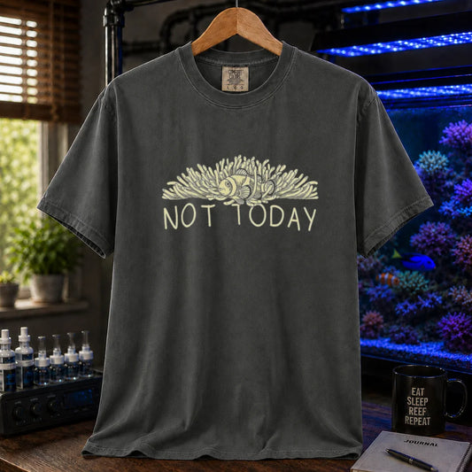 Saltwater aquarium graphic t-shirt featuring an illustration of a clownfish in an anemone with typography reading Not Today in cream on a dark grey shirt