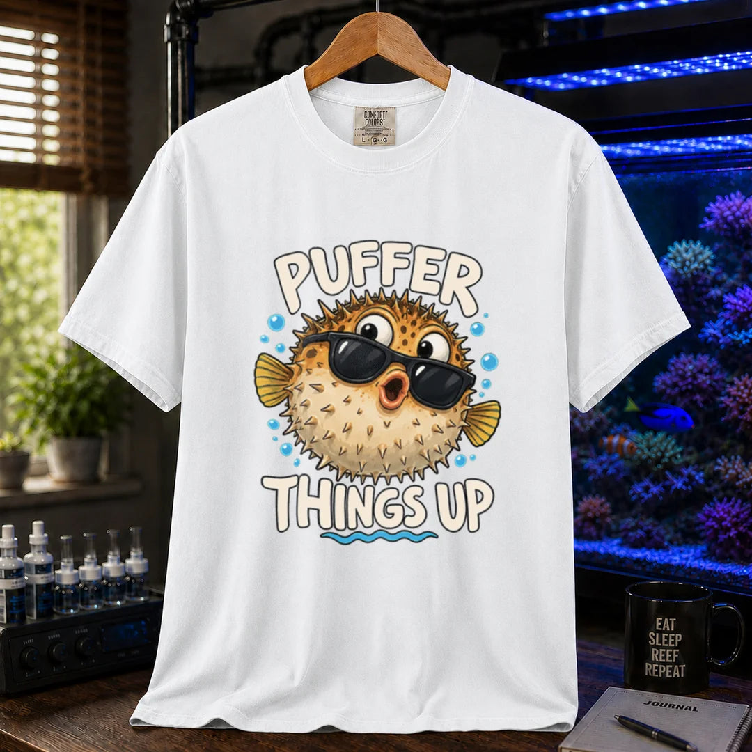 White saltwater aquarium graphic t-shirt featuring typography reading Puffer Things Up framing an illustration of a pufferfish wearing sunglasses on a white shirt