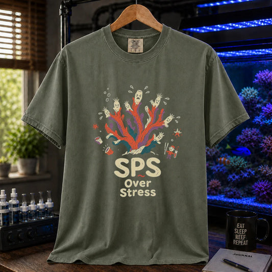 Saltwater aquarium graphic t-shirt featuring typography reading SPS Over Stress above an illustration of stressed coral polyps on a military green shirt