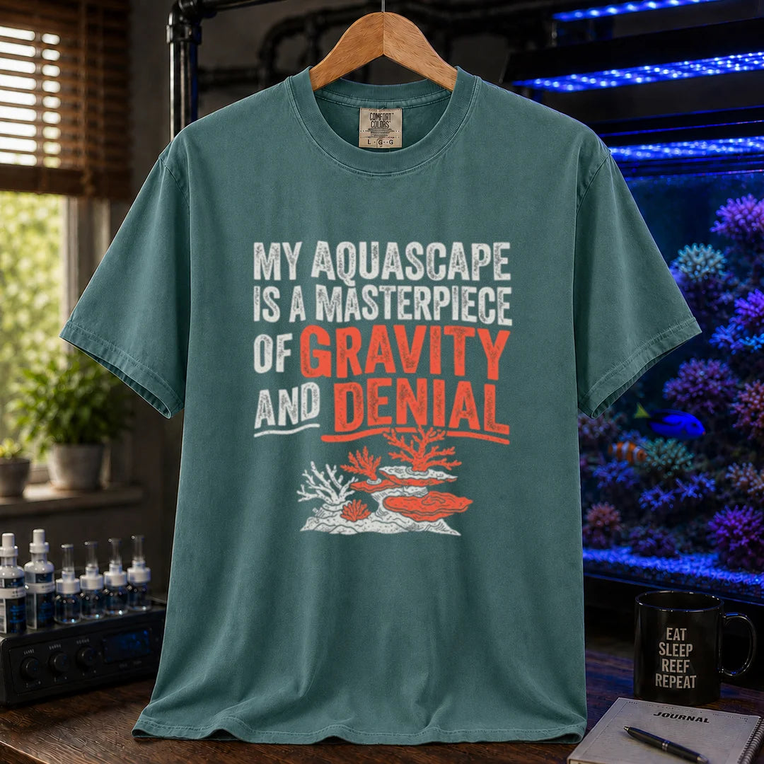 Saltwater aquarium graphic t-shirt featuring distressed typography reading My Aquascape Is A Masterpiece Of Gravity And Denial above a coral illustration on a grenn shirt