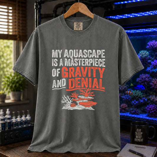 Saltwater aquarium graphic t-shirt featuring distressed typography reading My Aquascape Is A Masterpiece Of Gravity And Denial above a coral illustration on a grey shirt