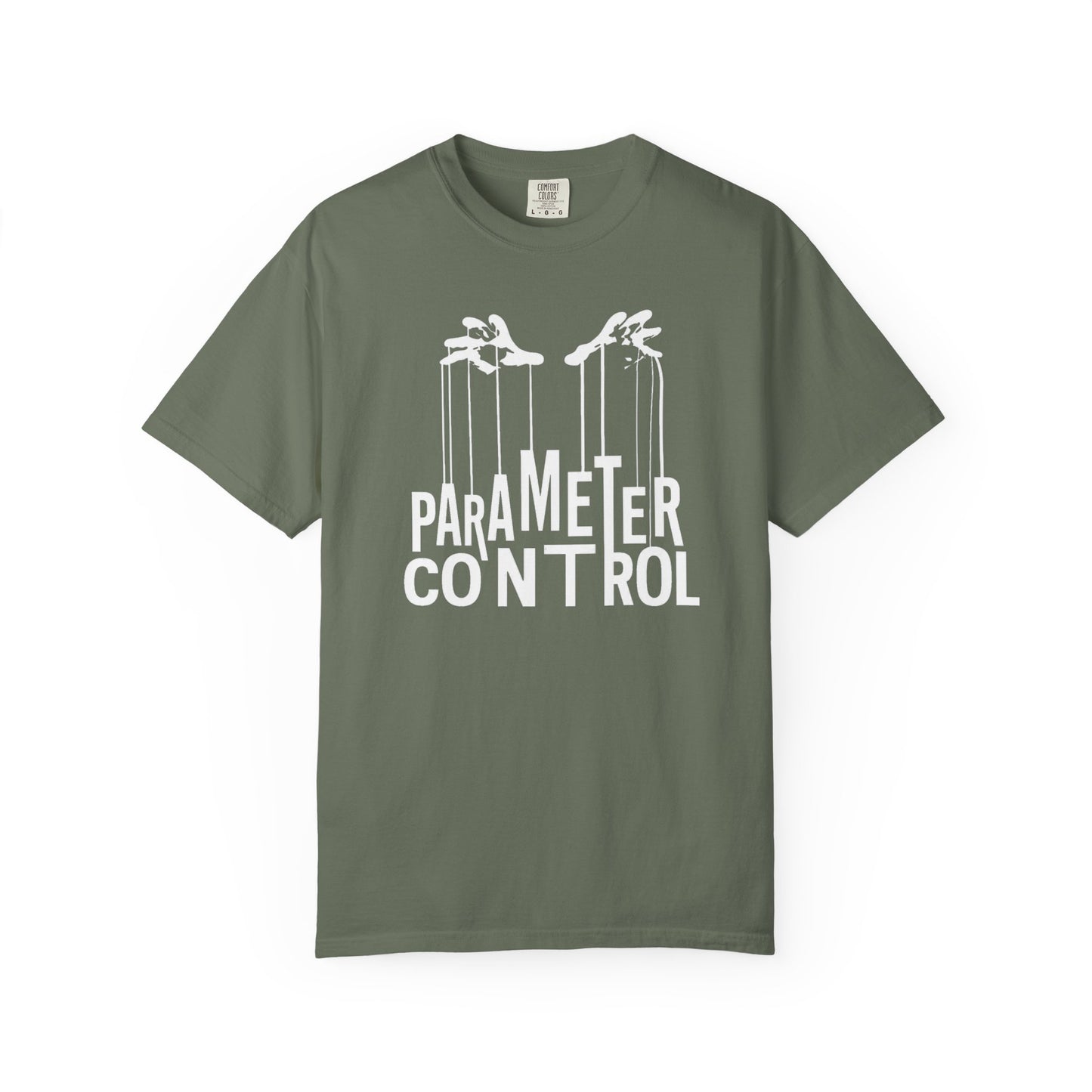Broke Reefers graphic t-shirt featuring an illustration of hands controlling strings with the text: PARAMETER CONTROL, military green crew neck tee