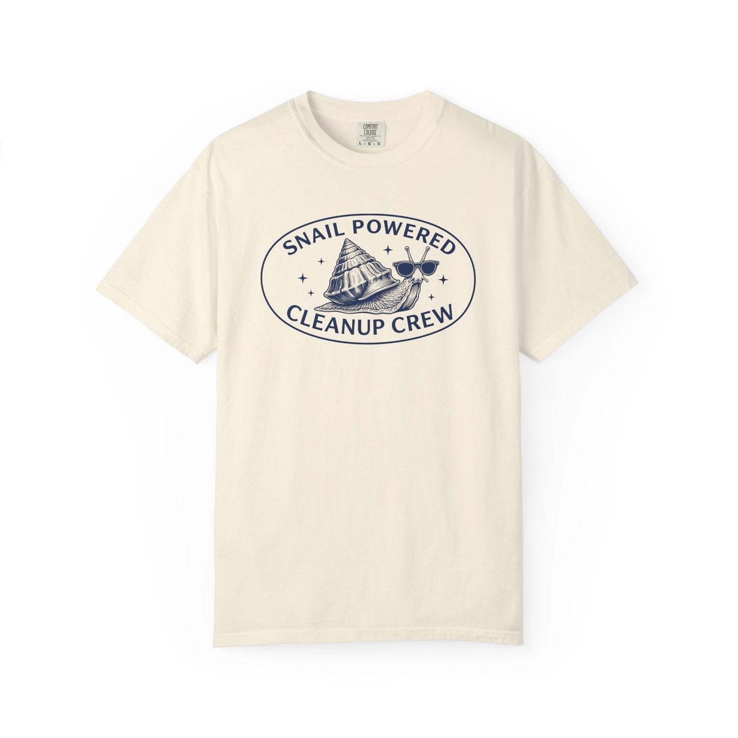 Broke Reefers saltwater aquarium graphic t-shirt featuring an illustration of a cool snail with sunglasses and the text: SNAIL POWERED CLEANUP CREW, beige cream crew neck tee