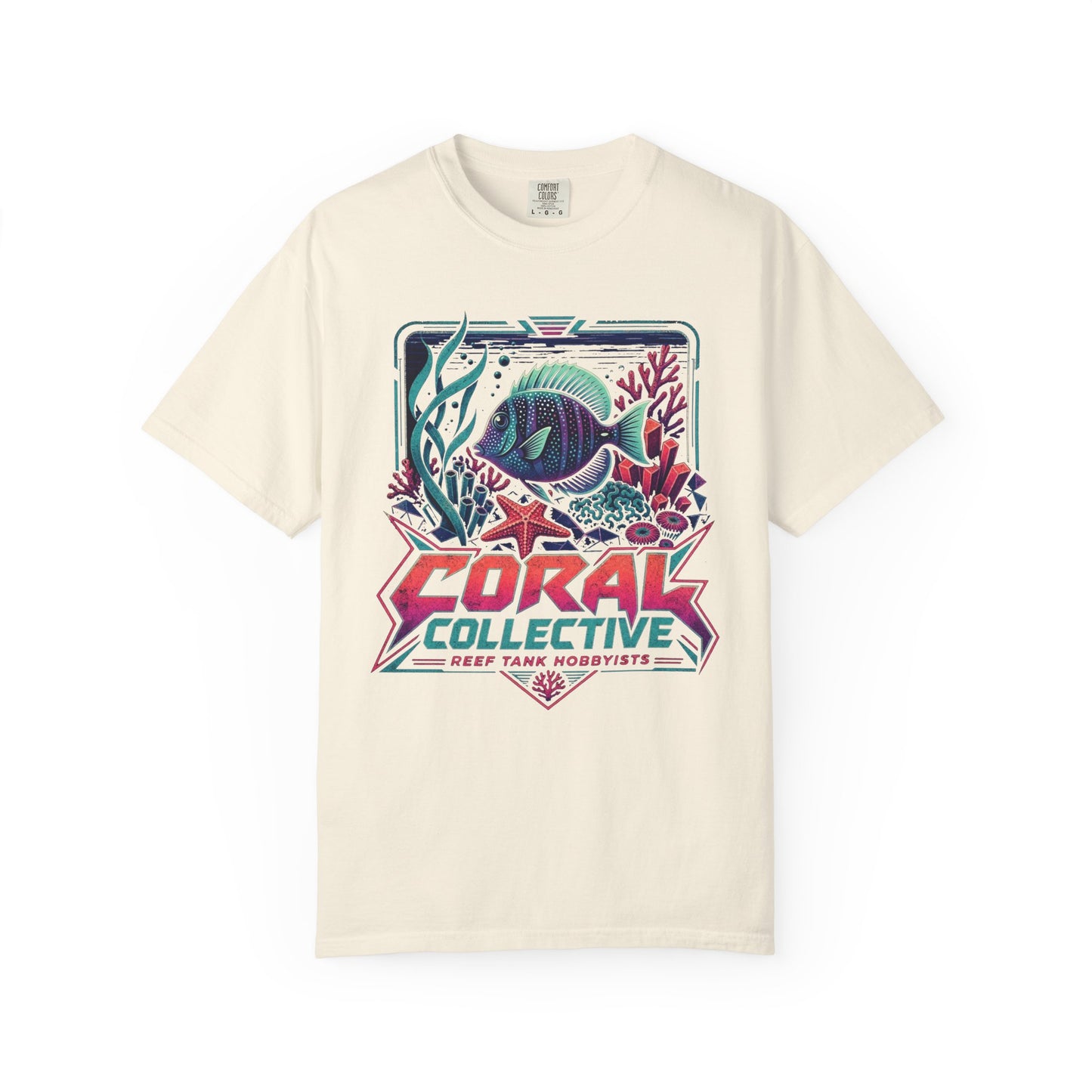 Broke Reefers graphic t-shirt featuring a vibrant illustration of a reef scene with a centerpiece fish and text reading: CORAL COLLECTIVE: REEF TANK HOBBYISTS, beige cream crew neck tee