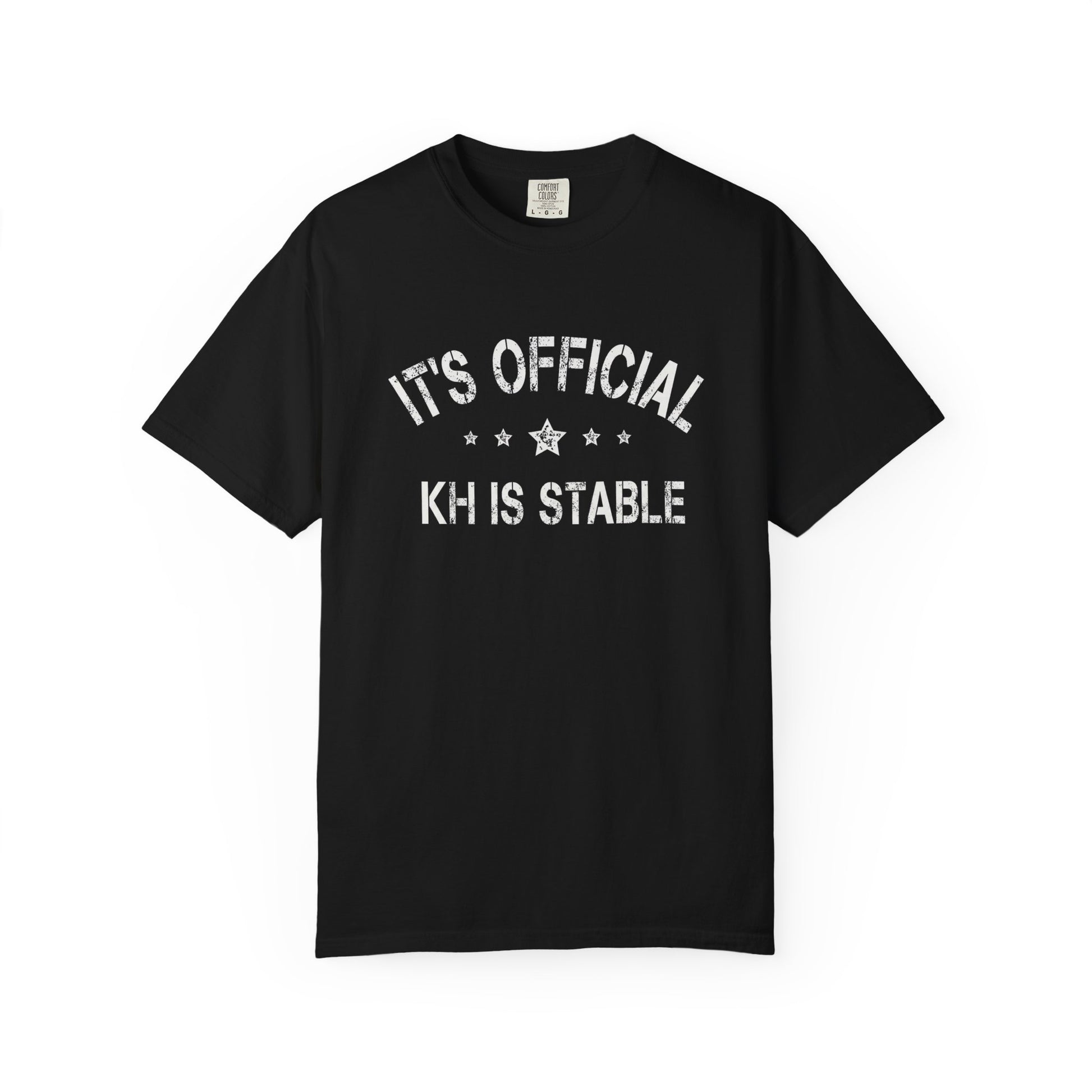 Broke Reefers graphic t-shirt featuring a bold, minimalist text design that reads: IT’S OFFICIAL, KH IS STABLE, black crew neck tee