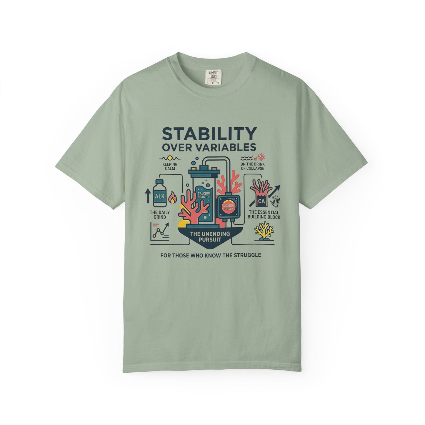 Broke Reefers saltwater aquarium graphic t-shirt featuring a detailed technical infographic illustration of reef stability components with the text: STABILITY OVER VARIABLES. THE UNENDING PURSUIT. FOR THOSE WHO KNOW THE STRUGGLE,  light green crew neck tee