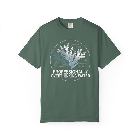Broke Reefers graphic t-shirt featuring a detailed coral schematic with parameter callouts and the text: PROFESSIONALLY OVERTHINKING WATER, military green crew neck tee