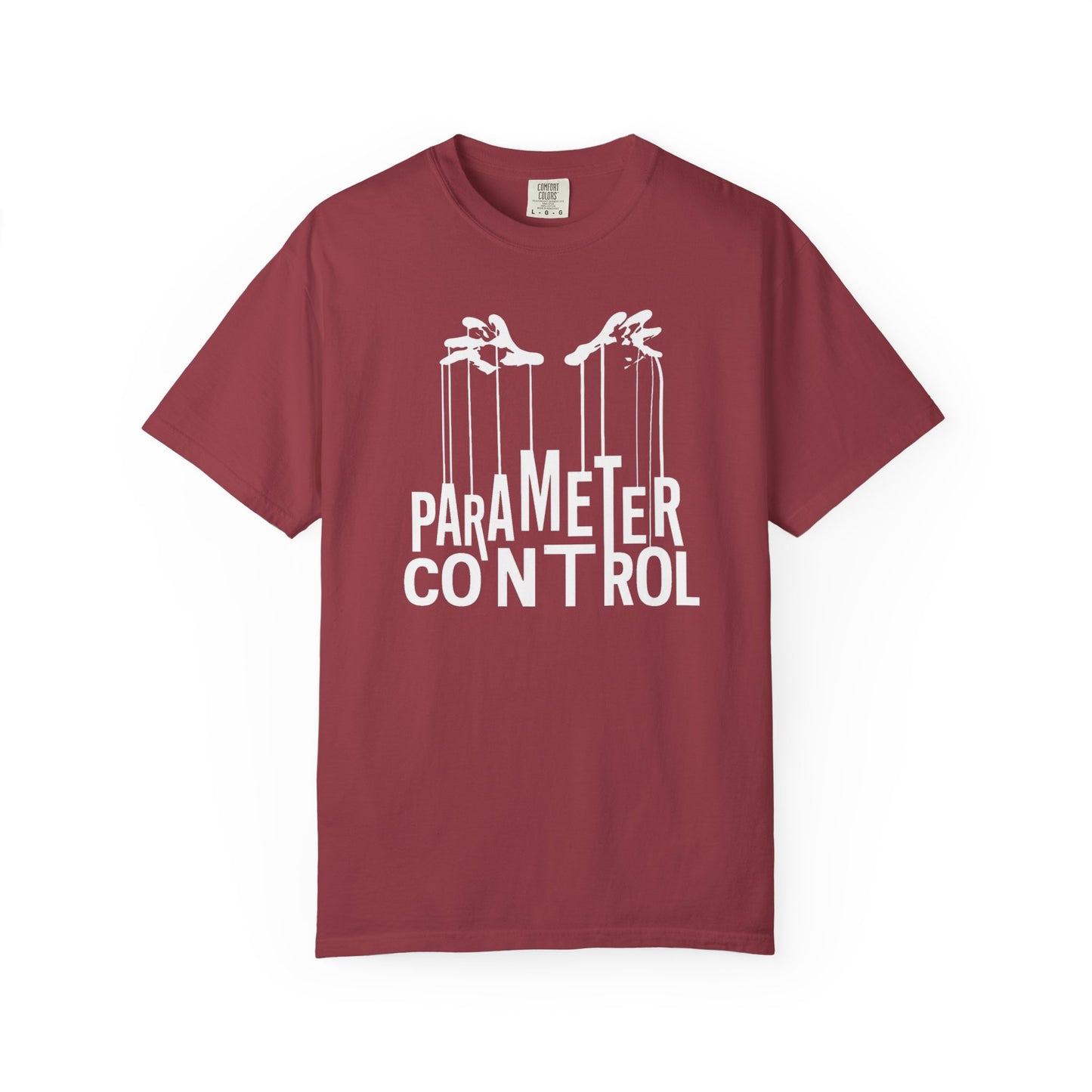 Broke Reefers graphic t-shirt featuring an illustration of hands controlling strings with the text: PARAMETER CONTROL, maroon crew neck tee