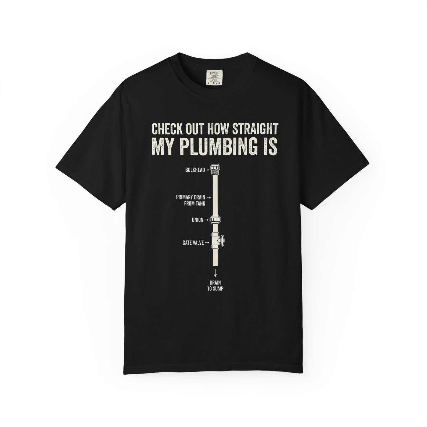 Broke Reefers graphic t-shirt featuring a plumbing diagram illustration with the text: CHECK OUT HOW STRAIGHT MY PLUMBING IS, black crew neck tee
