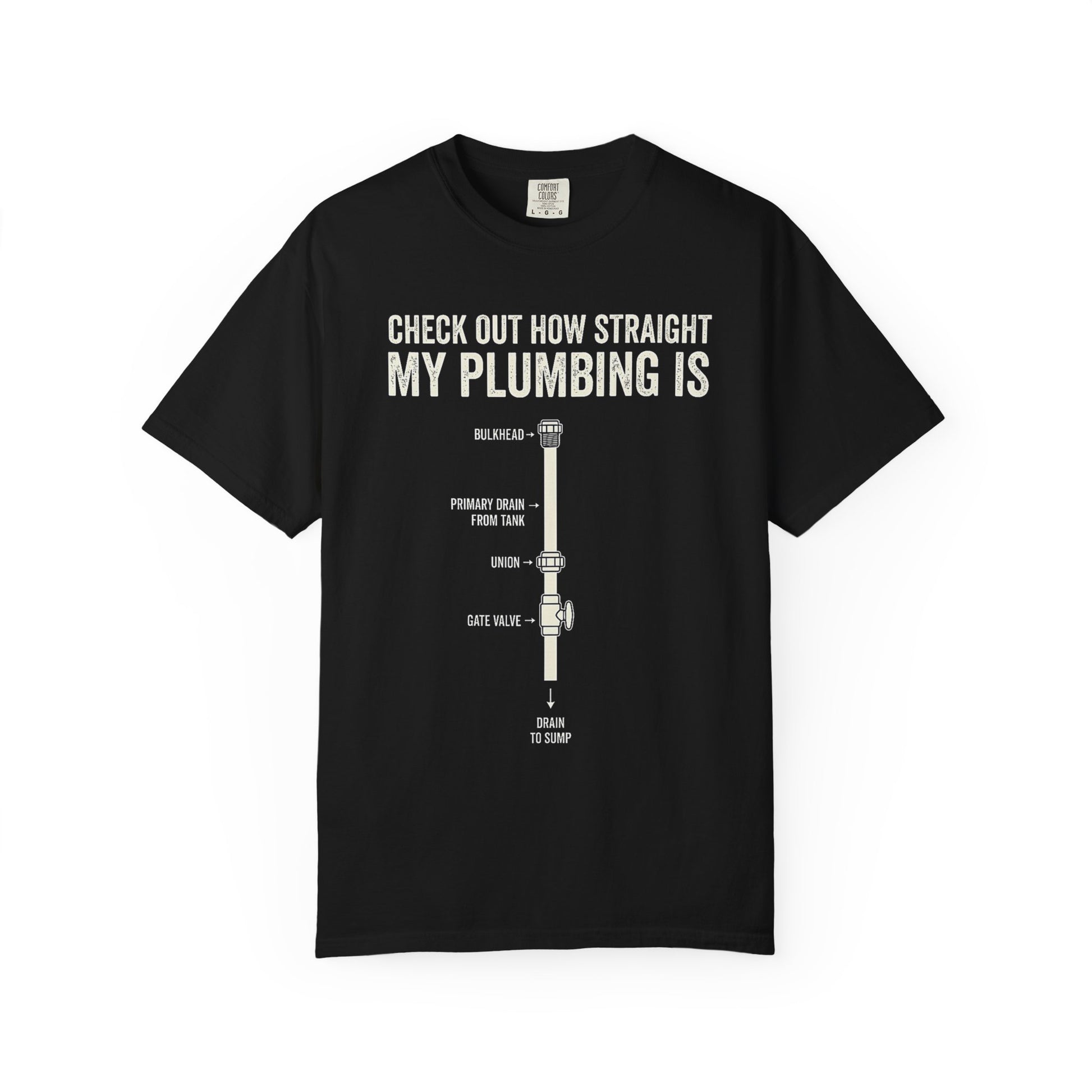 Broke Reefers graphic t-shirt featuring a plumbing diagram illustration with the text: CHECK OUT HOW STRAIGHT MY PLUMBING IS, black crew neck tee