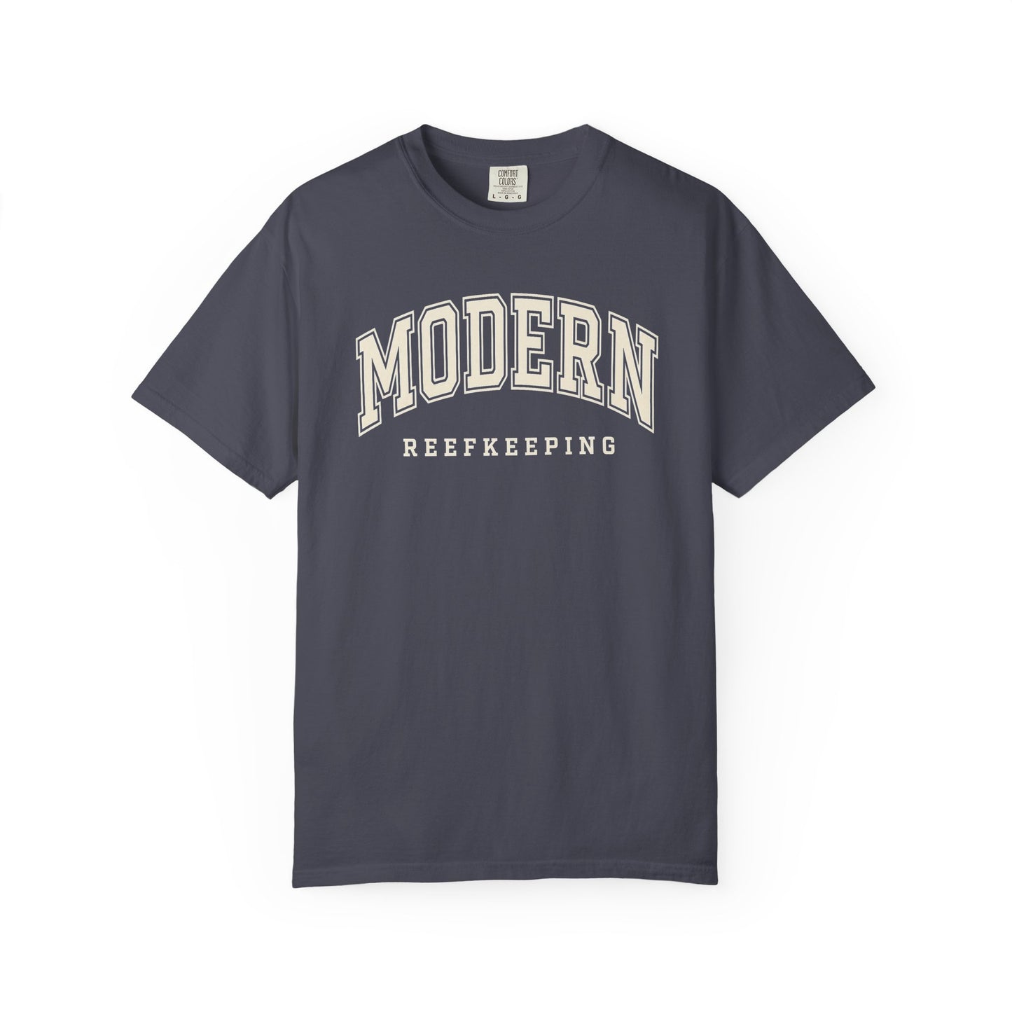 Broke Reefers saltwater aquarium graphic t-shirt featuring classic, arched collegiate-style text that reads: MODERN REEFKEEPING, navy crew neck tee