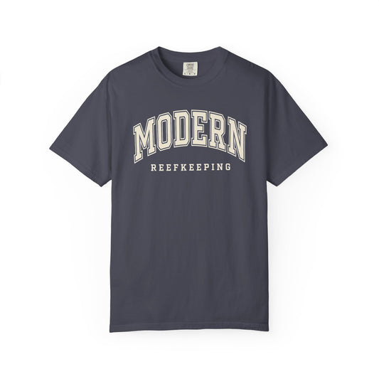 Broke Reefers saltwater aquarium graphic t-shirt featuring classic, arched collegiate-style text that reads: MODERN REEFKEEPING, navy crew neck tee