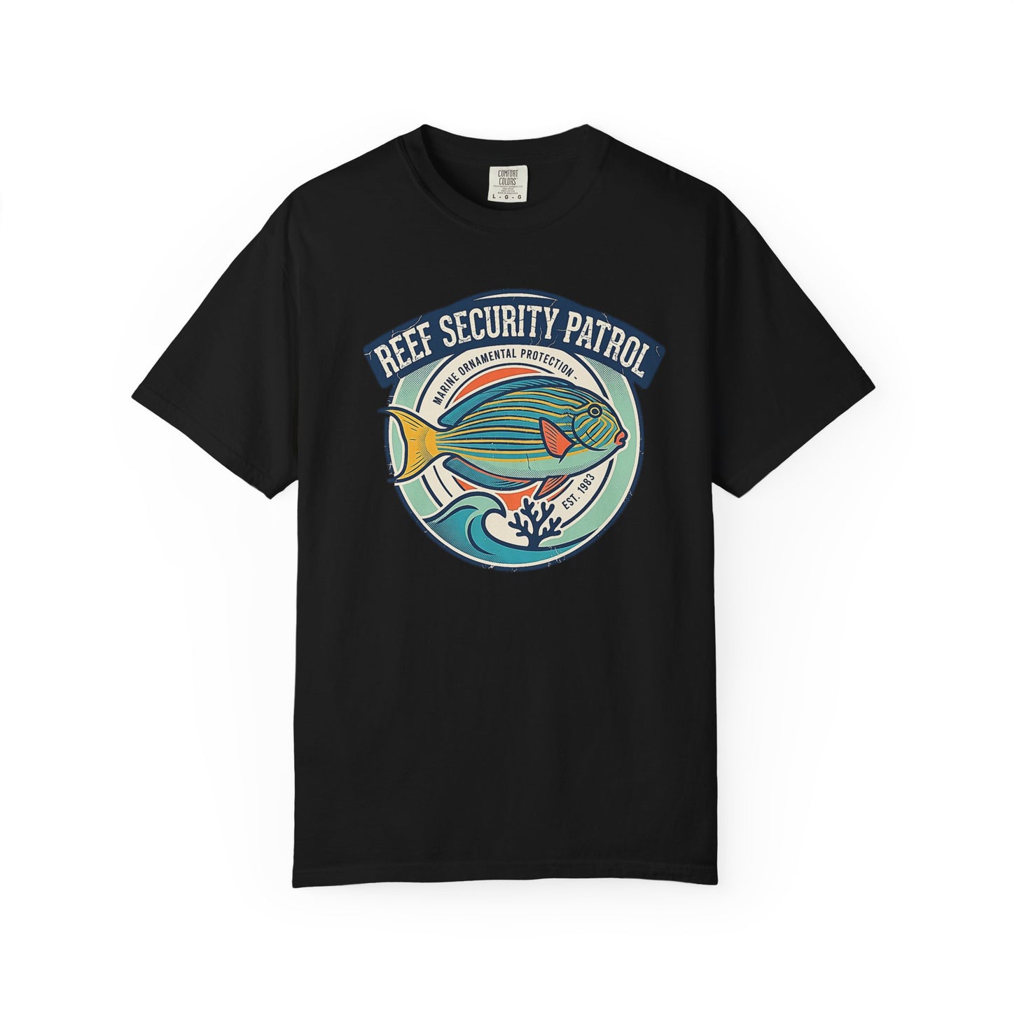 Broke Reefers saltwater aquarium graphic t-shirt featuring a vintage badge-style illustration of a saltwater fish with text reading: REEF SECURITY PATROL, MARINE ORNAMENTAL PROTECTION, EST. 1983, black crew neck tee